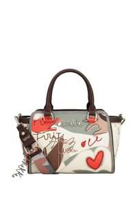 Handtasche mit einer Farbmischung aus Beige, Grau und Rot. Aus Leder mit verspielten Grafiken und Nähten. Abnehmbarer Träger im Lieferumfang enthalten.