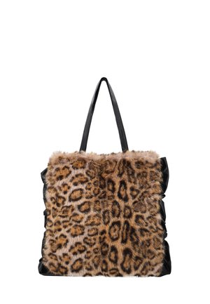 Kangaskassi mustilla kahvoilla, tekoturkis ulkopuolella, jossa ruskean ja mustan leopardikuosin kuvio.