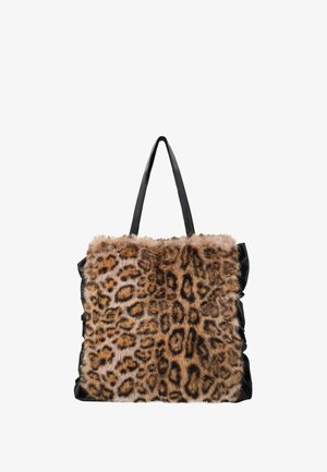 Tragetasche mit schwarzen Griffen, Außenmaterial aus Kunstfell mit braun-schwarzem Leopardenmuster.