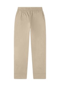 Pantaloni beige con vita elasticizzata e vestibilità comoda. Tessuto liscio, design a gamba dritta e senza tasche visibili o dettagli hardware.