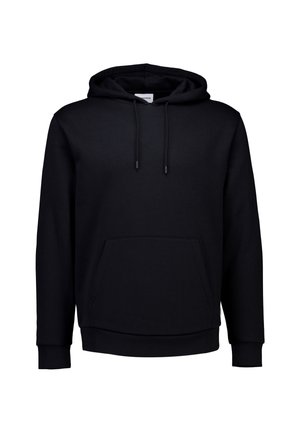 Black hooded sweatshirt featuring a front pocket, drawstrings, long sleeves, and a relaxed fit. Made from soft, textured fabric.