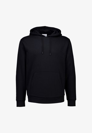 Zwarte hoodie met een voorzak, trekkoorden, lange mouwen en een relaxte pasvorm. Gemaakt van zachte, gestructureerde stof.
