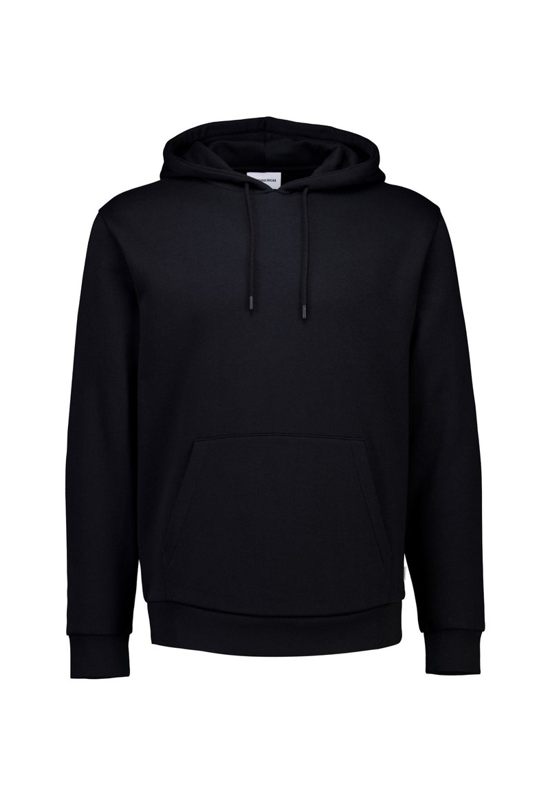 Felpa con cappuccio nera, dotata di tasca frontale, cordini, maniche lunghe e vestibilità comoda. Realizzata in tessuto morbido e testurizzato.
