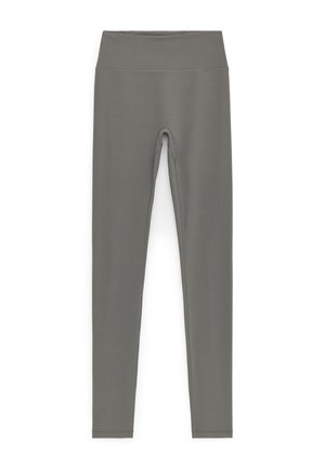 High-waisted, full-length leggings in solid muted gray with smooth fabric and minimalist design, displayed flat on a white background.