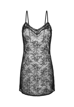 Zwarte kanten camisole met dunne bandjes, voorzien van een bloemenpatroon en geschulpte randen. Lichtgewicht, doorschijnende stof met een V-hals.