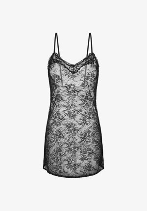 Čierny čipkovaný top s tenkými ramienkami, ktorý má kvetinový vzor a vlnité okraje. Ľahký, priesvitný materiál s výstrihom do V.