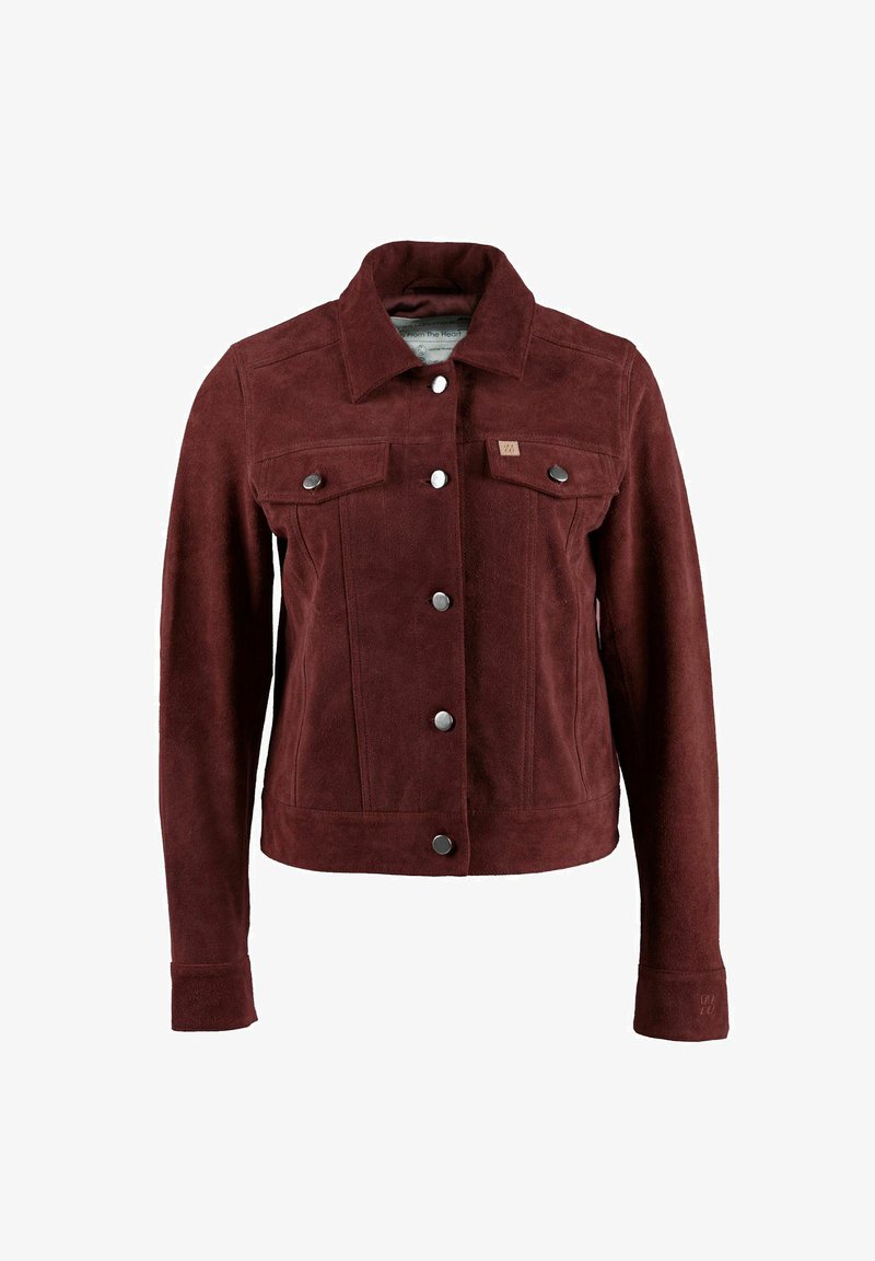 Bordeauxfarbene Wildlederjacke mit Kragen, zwei Vordertaschen und silbernen Knöpfen. Entworfen mit einer figurbetonten Silhouette und einer strukturierten Oberfläche.