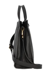 Borsa a mano nera in pelle con design strutturato, dotata di tracolla removibile, dettagli in oro e finitura testurizzata sui lati.