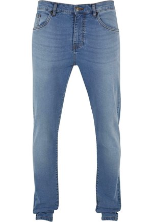 Lichtblauwe denim jeans met een slim fit, voorzien van een knoopsluiting, vijf zakken en subtiele stikdetails langs de naden.