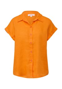 Camicia in lino arancione con colletto, maniche corte arrotolate e chiusura frontale con bottoni coordinati. Tessuto morbido e vestibilità rilassata.