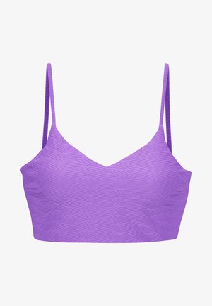 Paarse bikini top met een V-hals ontwerp, voorzien van een textuurpatroon, dunne bandjes en een gladde afwerking.