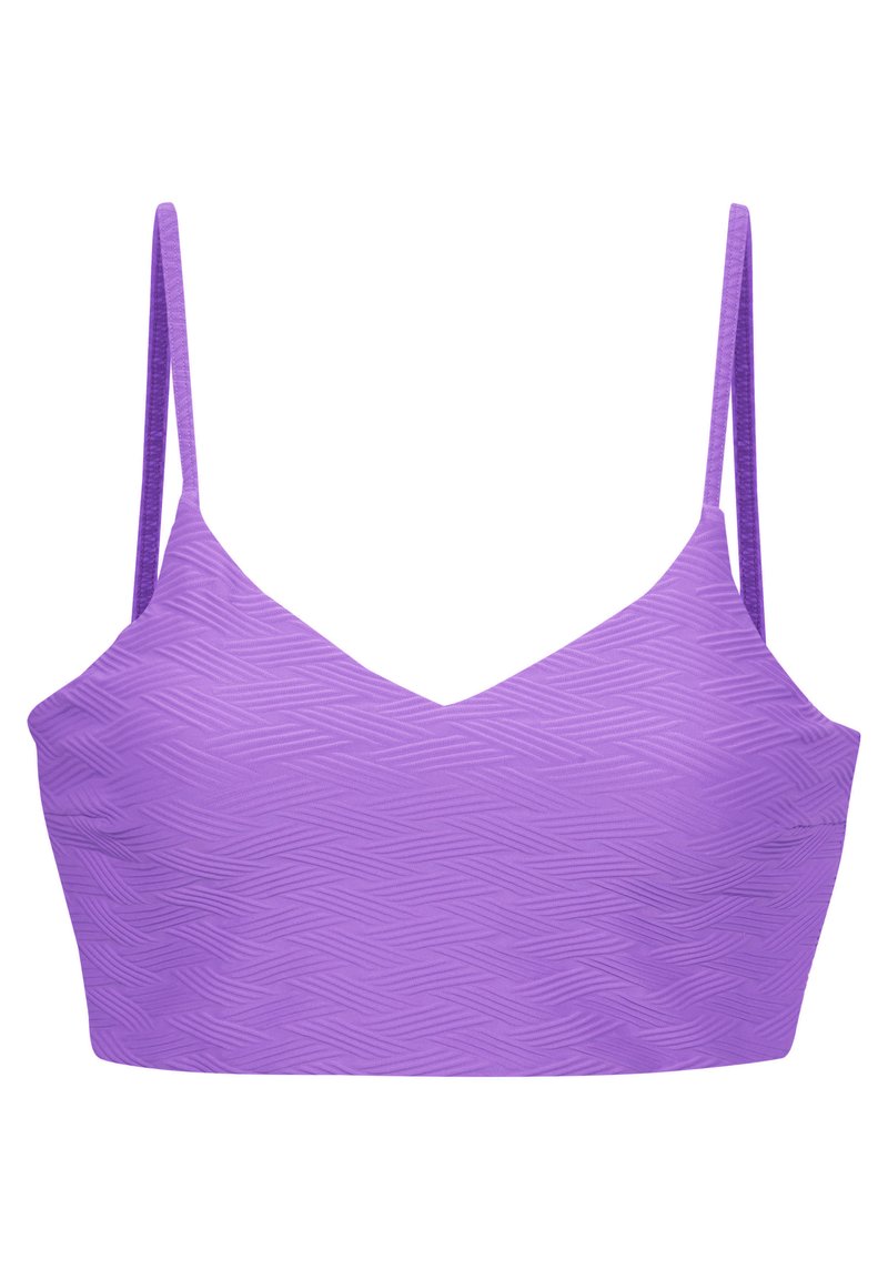 Top bikini viola con scollo a V, caratterizzato da un motivo testurizzato, spalline sottili e una finitura liscia.