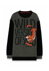 Grijze en zwarte sweatshirt met lange mouwen met de tekst "WILD VERSION OF YOU" en een oranje cartoon tijger die op de voorkant skateboardt.
