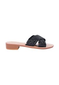 Sandalo scivoloso nero glitterato con fasce incrociate, tacco di legno basso e soletta liscia color beige. Parte superiore testurizzata con accenti scintillanti.