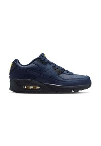 Baskets Nike Air Max bleu foncé avec semelle noire et coussin d'air jaune visible sur fond blanc, vue latérale côté droit.