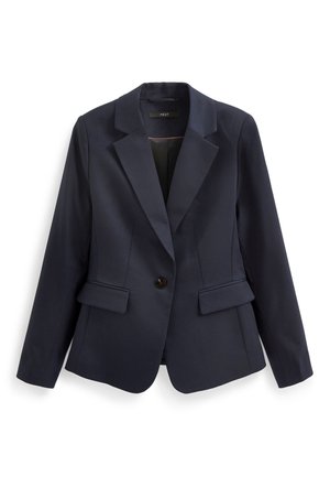 Blazer bleu marine ajusté avec revers crantés, fermeture à bouton unique noir, poches à rabat et manches longues, posé à plat sur fond blanc.