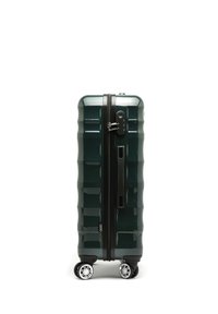 Valigia rigida di colore verde scuro con un design a righe, zip nere, una maniglia laterale e quattro ruote piroettanti. Texture liscia con finitura lucida.