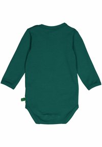 Bodysuit à manches longues en coton vert foncé avec un col rond et un petit accent vert dans le coin inférieur gauche. Texture lisse.