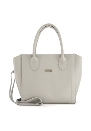 Szara skórzana torebka z podwójnymi krótkimi uchwytami, odpinanym paskiem na ramię oraz płaskim dnem. Charakteryzuje się teksturowaną powierzchnią i emblematem z logo.