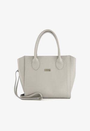 Šedá kožená kabelka s dvojitými krátkými rukojeťmi, odnímatelným ramenním popruhem a plochým dnem. Má texturovaný povrch a nástavec s logem.