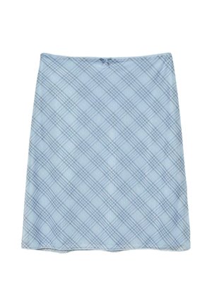 Hellblauer knielanger Rock mit dunklerem blauen diagonalem Karomuster und einer kleinen Schleife in der Mitte des Bunds.