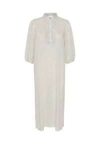 Robe longue et légère avec un col haut, des rayures verticales bleu et blanc, des manches bouffantes et un opening avec des boutons orné de volants.