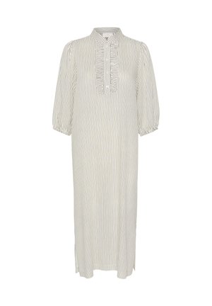 Pikk, kerge kleit kõrge kaelusega, vertikaalsete siniste ja valgete triipudega, puffi varrukatega ning nööpidega paigaldatud rüskedetailidega.