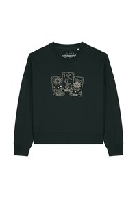 Zwarte sweatshirt met drie tarotkaarten, waaronder illustraties van de zon, maan en een derde kaart met het label "Bestemming." Zachte stof, relaxte pasvorm.