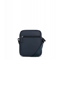 Borsa a tracolla blu navy in tessuto testurizzato, con tasca frontale con zip, strap regolabile e design compatto e quadrato.