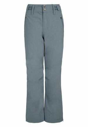 Waterdichte grijze skibroek met een rechte pijpdesign, twee voorkruisen en een dubbele knoopsluiting. Gladde stof met versterking aan de zoom.