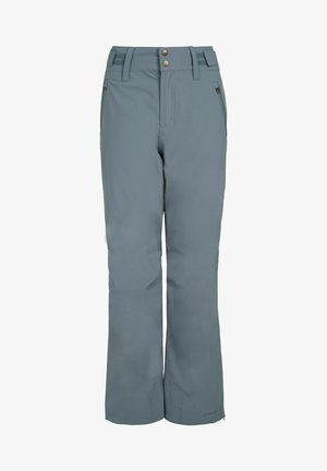 Waterdichte grijze skibroek met een rechte pijpdesign, twee voorkruisen en een dubbele knoopsluiting. Gladde stof met versterking aan de zoom.