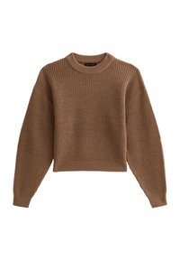 Brun räfflad stickad tröja med rundad halsringning, sänkta axlar och en kortad nederkant. Har texturerad tyg och elastiska manschetter.