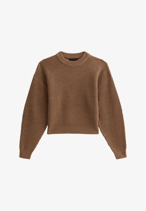 Pull en maille côtes marron avec un encolure ronde, des épaules tombantes et un ourlet court. Il présente un tissu texturé et des poignets élastiques.