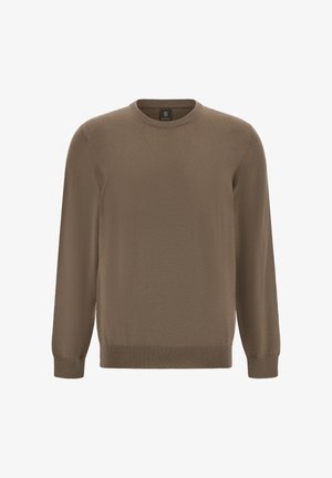 Rudas mezgimo megztinis su apykakle, ilgomis rankovėmis ir gyslų apdaila. Pagamintas iš minkštos medžiagos su lygiu paviršiumi. Nėra matomų raštų.