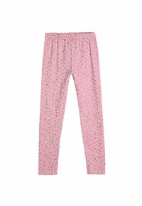 Pink leggings featuring an all-over print of gray hearts and stars, made from soft, stretchy fabric with an elastic waistband.