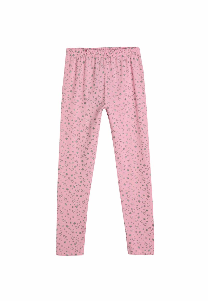 Pink leggings featuring an all-over print of gray hearts and stars, made from soft, stretchy fabric with an elastic waistband.