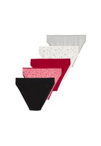 Vijf paren dames bikini slips in verschillende kleuren: zwart, roze met hartjespatroon, rood, wit met zwarte sterren en grijs.