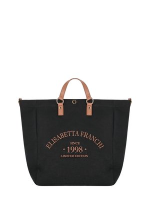 Borsa nera con manici in pelle marrone, con la scritta "Elisabetta Franchi Since 1998 Limited Edition" in marrone sul davanti.