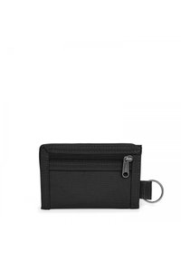 Portafoglio in tessuto nero con tasca con zip, design piatto e anello portachiavi in metallo. Presenta bordi cuciti e più scomparti per carte.