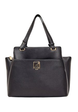 Borsa in pelle nera texturizzata con doppie cinghie, piastra logo quadrata dorata e tasche laterali con cerniera.