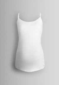 Baltā bezpiedurkņu blūze ar plānām regulējamām siksnām, gludu tekstūru un noapaļotu apakšdaļu. Izgatavota no viegla auduma ar vienkāršu dizainu.