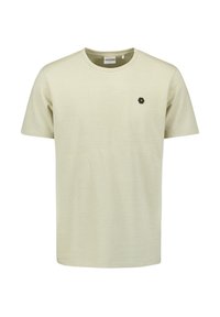 Lichtgroen gestreept T-shirt van zachte stof, met korte mouwen, ronde hals, met een klein zwart hexagonaal logo-accent op de borst.