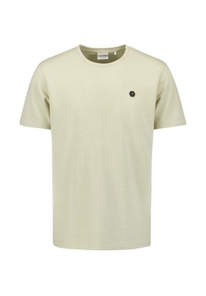 Lichtgroen gestreept T-shirt van zachte stof, met korte mouwen, ronde hals, met een klein zwart hexagonaal logo-accent op de borst.