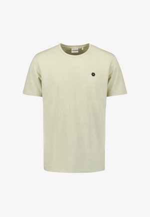 Lichtgroen gestreept T-shirt van zachte stof, met korte mouwen, ronde hals, met een klein zwart hexagonaal logo-accent op de borst.