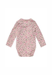 Långärmad bodysuit i ljusrosa med ett blommönster som har rosa, grå och gröna blommor. Mjuk tyg med rundad halsringning.