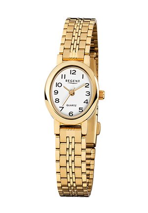 Goldfarbene Quarz-Uhr mit ovalem weißen Zifferblatt, schwarzen Ziffern und zwei Zeigern. Metallarmband mit glänzender Oberfläche und strukturierten Gliedern.