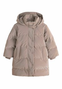 Bézs steppelt télikabát kapucnival, patentgombokkal, két oldalzsebbel és steppelt mintázattal. Hosszú ujjú és laza szabású.