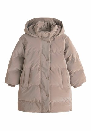 Pufferjacka i beige med huva, tryckknappar, två sidfickor och quiltad textur. Har långa ärmar och en avslappnad passform.