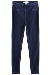 Granatowe, krótki dżinsowe legginsy o gładkiej fakturze, z pięcioma kieszeniami i dopasowanym krojem. Zawierają szlufki na pasek i zapięcie na guzik.