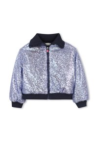Blaue und silberne Pailletten-Bomberjacke mit marineblauem Rippkragen, -bündchen und -bund, Frontreißverschluss mit rosa Ziehschlaufe.